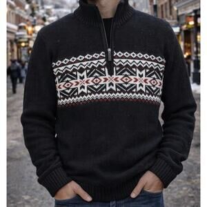 Izod 1/4 Zip Sweater Mens XL Black Pullover Fair Isle Mock Neck Snowflake Ski